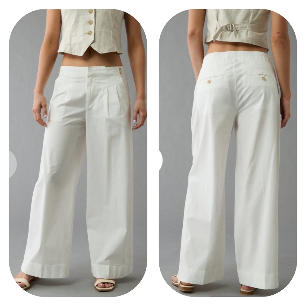 American Eagle AEO Women's White Cotton Blend Wide Leg Trousers Size 16 Pockets.